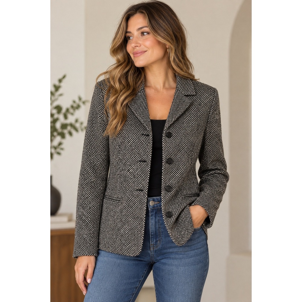 Kate Hill Casual Black White Wool Blend Tweed Blazer Jacket Size 8 NWT